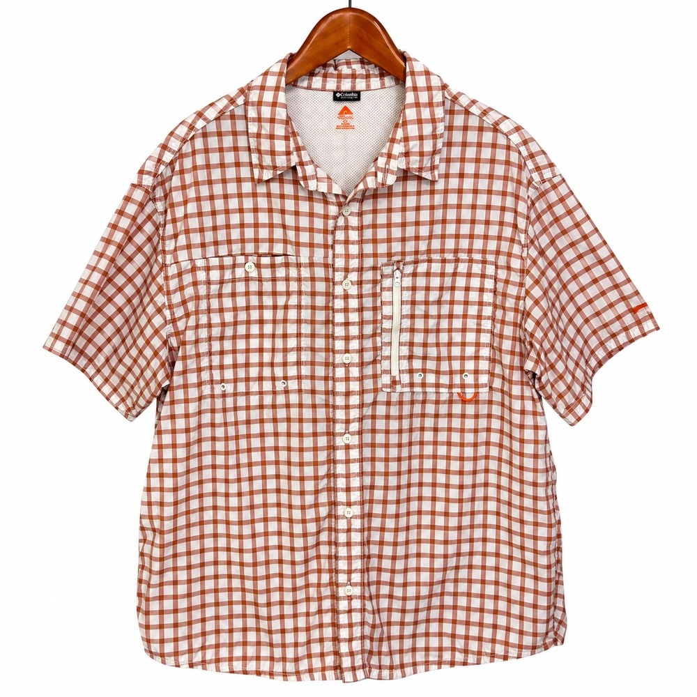 Ozark Trail Mens XL Fishing Shirt Plaid Short Sleeve Ventilated Rust Orange